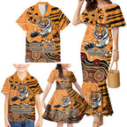 Personalised Wests Tigers NAIDOC Week 2024 Family Matching Mermaid Dress and Hawaiian Shirt Aboriginal Fire Burning Sparks