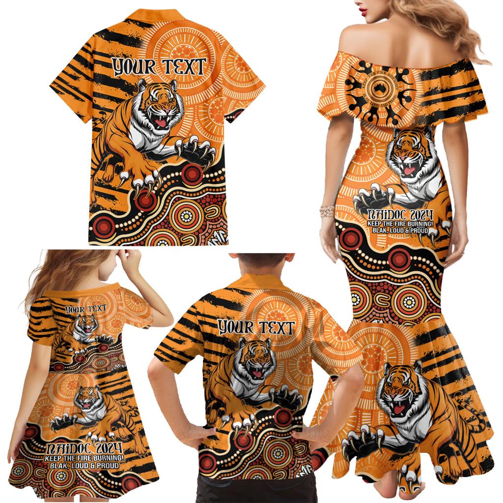 Personalised Wests Tigers NAIDOC Week 2024 Family Matching Mermaid Dress and Hawaiian Shirt Aboriginal Fire Burning Sparks