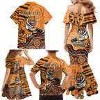 Personalised Wests Tigers NAIDOC Week 2024 Family Matching Mermaid Dress and Hawaiian Shirt Aboriginal Fire Burning Sparks
