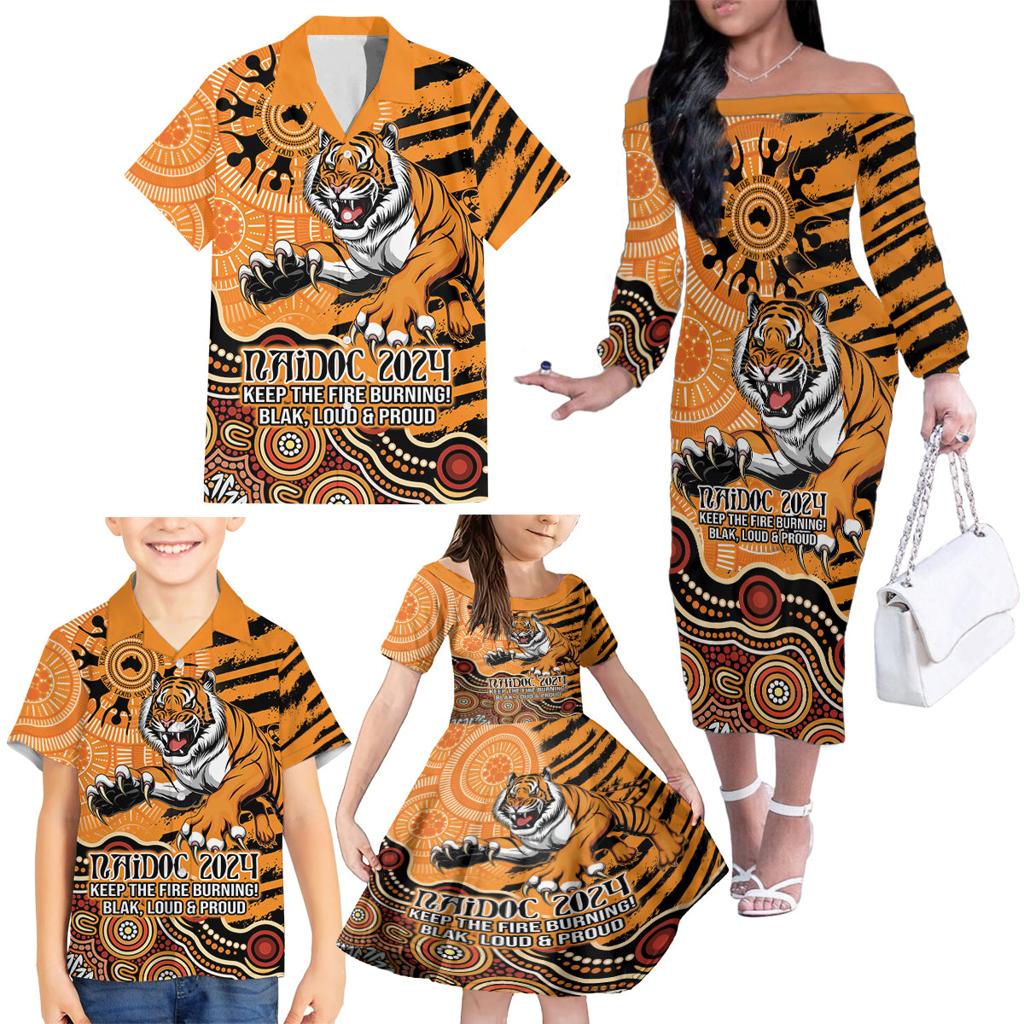 Personalised Wests Tigers NAIDOC Week 2024 Family Matching Off The Shoulder Long Sleeve Dress and Hawaiian Shirt Aboriginal Fire Burning Sparks