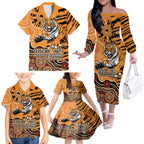 Personalised Wests Tigers NAIDOC Week 2024 Family Matching Off The Shoulder Long Sleeve Dress and Hawaiian Shirt Aboriginal Fire Burning Sparks
