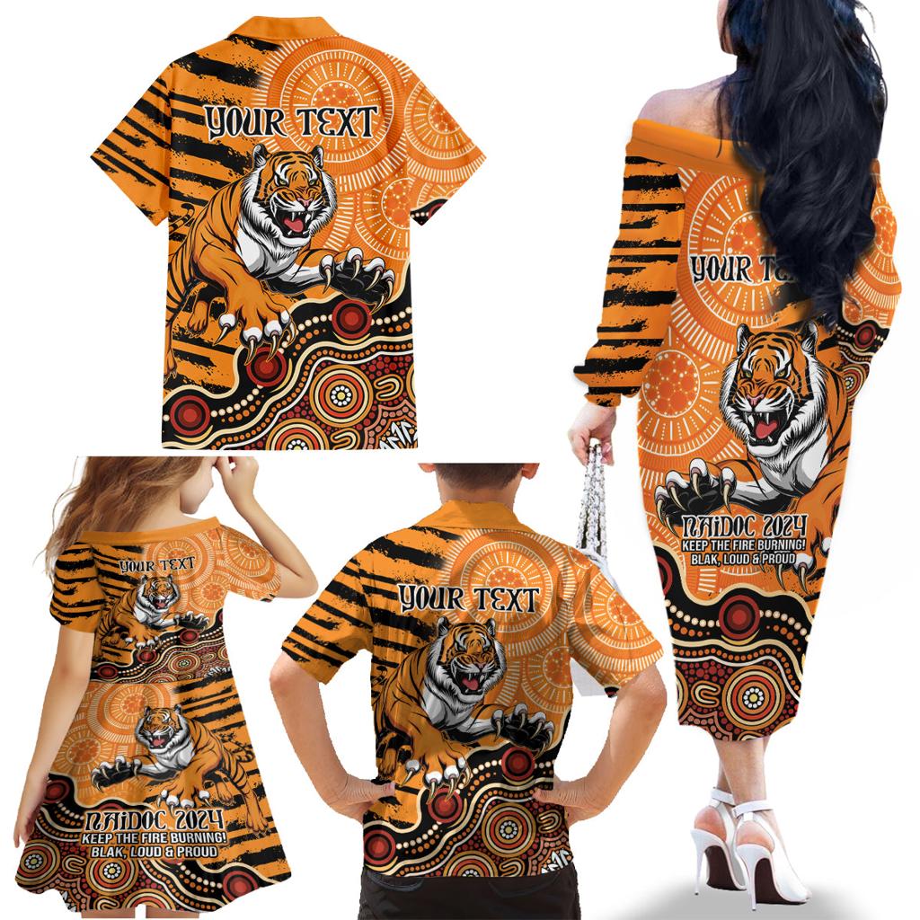 Personalised Wests Tigers NAIDOC Week 2024 Family Matching Off The Shoulder Long Sleeve Dress and Hawaiian Shirt Aboriginal Fire Burning Sparks