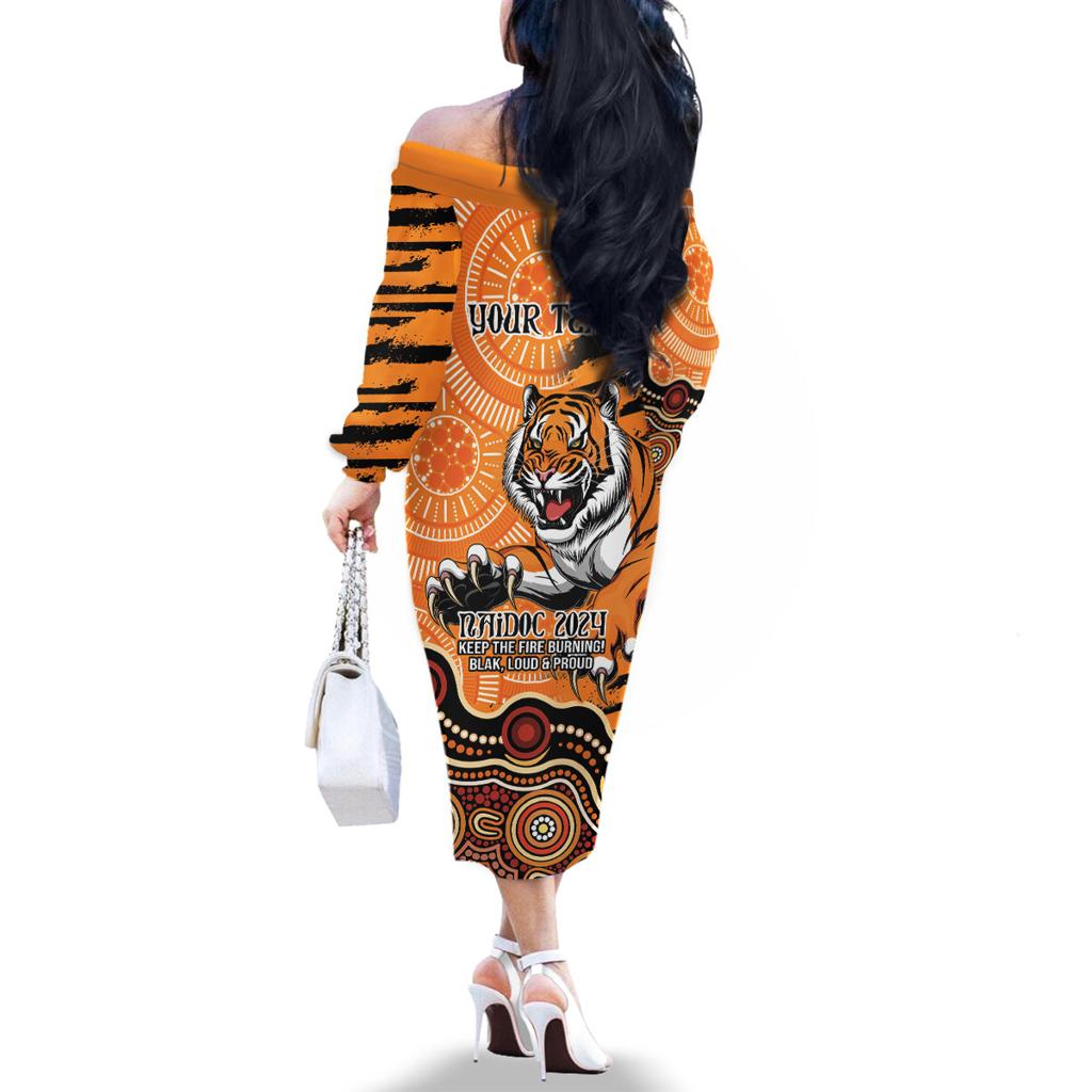 Personalised Wests Tigers NAIDOC Week 2024 Family Matching Off The Shoulder Long Sleeve Dress and Hawaiian Shirt Aboriginal Fire Burning Sparks