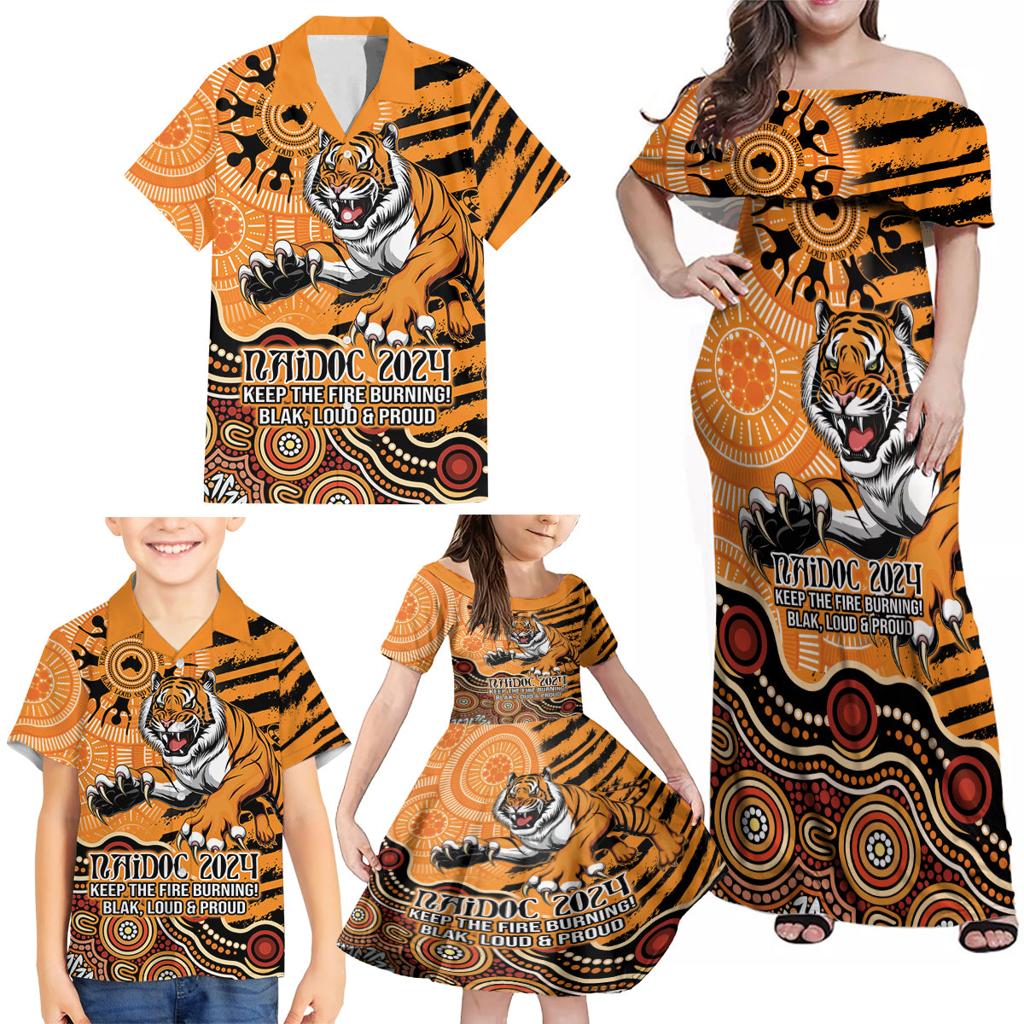 Personalised Wests Tigers NAIDOC Week 2024 Family Matching Off Shoulder Maxi Dress and Hawaiian Shirt Aboriginal Fire Burning Sparks