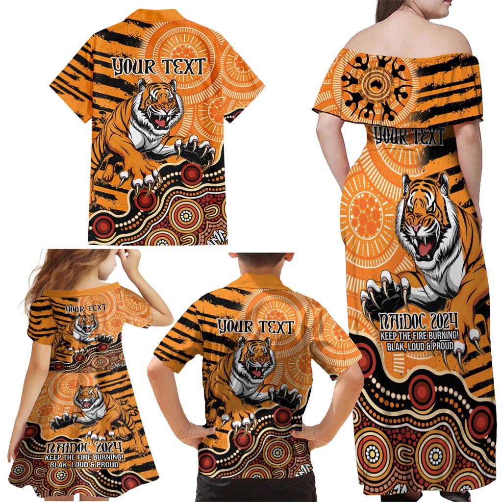 Personalised Wests Tigers NAIDOC Week 2024 Family Matching Off Shoulder Maxi Dress and Hawaiian Shirt Aboriginal Fire Burning Sparks