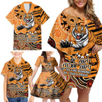 Personalised Wests Tigers NAIDOC Week 2024 Family Matching Off Shoulder Short Dress and Hawaiian Shirt Aboriginal Fire Burning Sparks