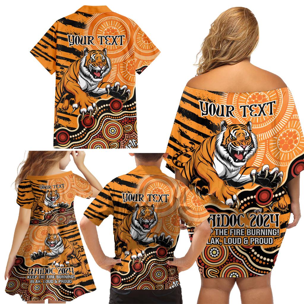 Personalised Wests Tigers NAIDOC Week 2024 Family Matching Off Shoulder Short Dress and Hawaiian Shirt Aboriginal Fire Burning Sparks