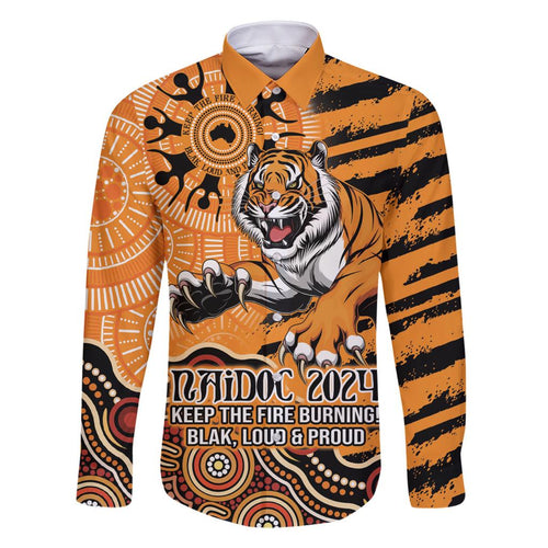 Personalised Wests Tigers NAIDOC Week 2024 Family Matching Off Shoulder Short Dress and Hawaiian Shirt Aboriginal Fire Burning Sparks