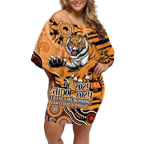 Personalised Wests Tigers NAIDOC Week 2024 Family Matching Off Shoulder Short Dress and Hawaiian Shirt Aboriginal Fire Burning Sparks