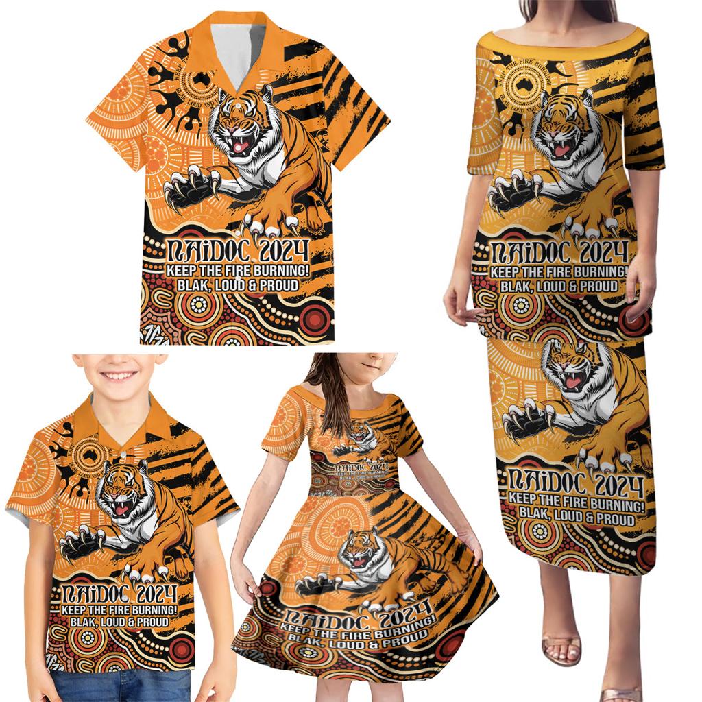 Personalised Wests Tigers NAIDOC Week 2024 Family Matching Puletasi and Hawaiian Shirt Aboriginal Fire Burning Sparks