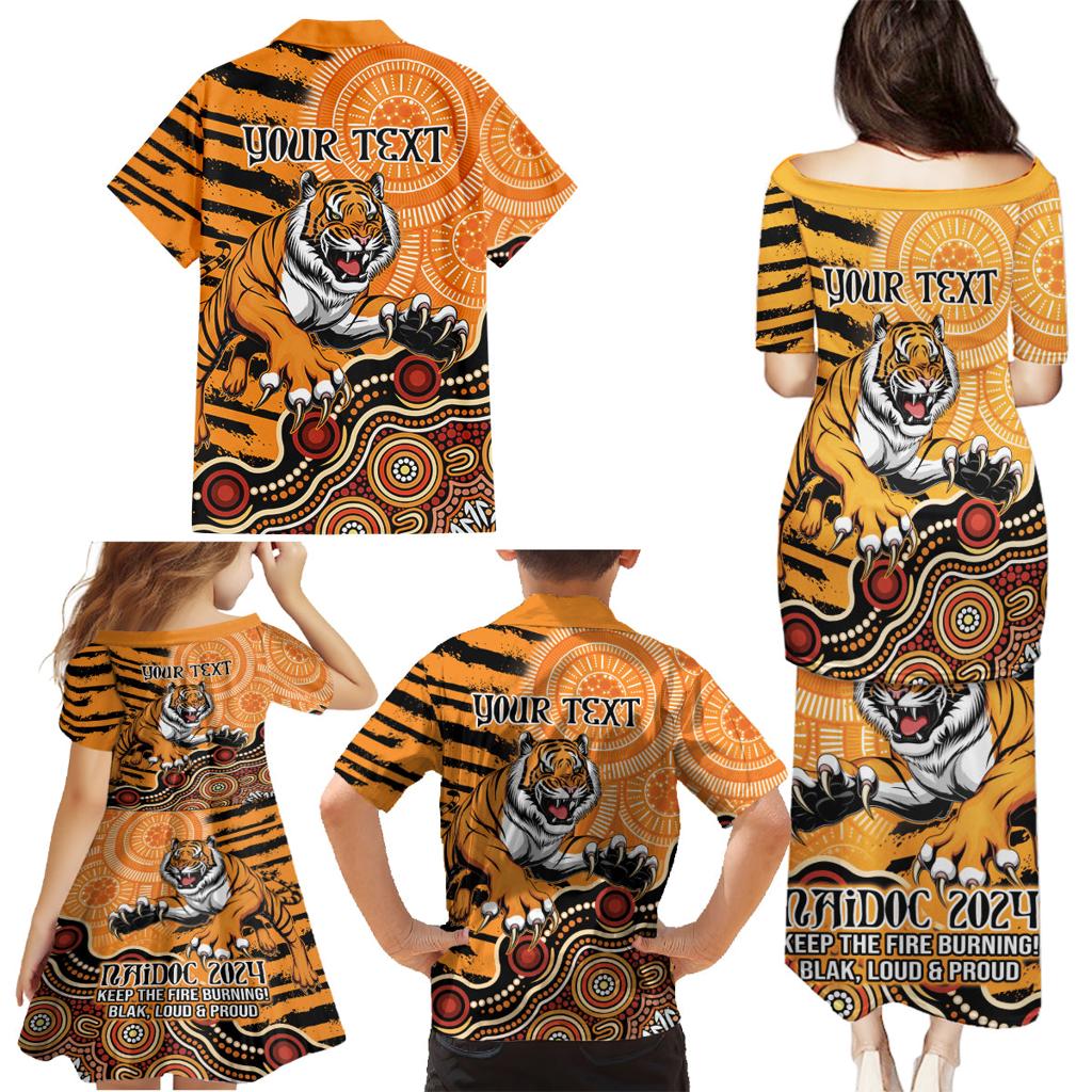 Personalised Wests Tigers NAIDOC Week 2024 Family Matching Puletasi and Hawaiian Shirt Aboriginal Fire Burning Sparks