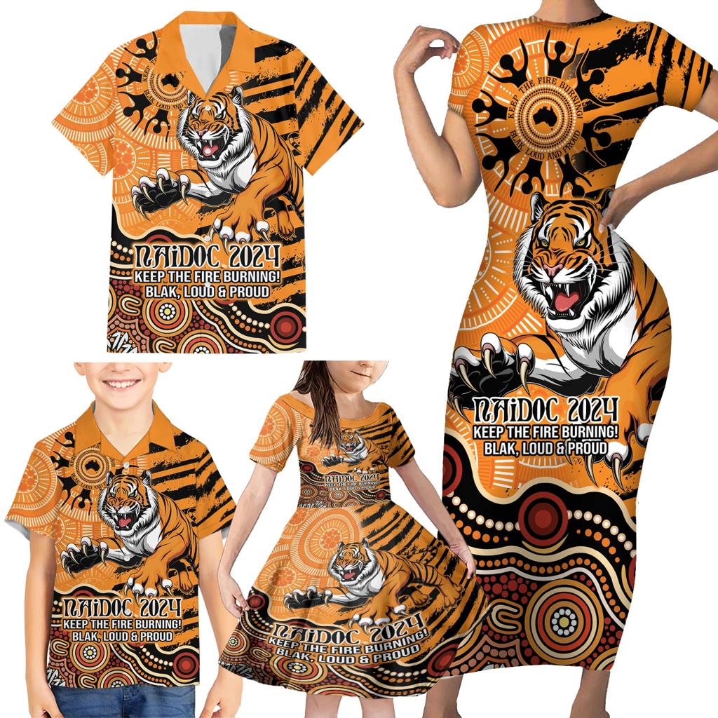 Personalised Wests Tigers NAIDOC Week 2024 Family Matching Short Sleeve Bodycon Dress and Hawaiian Shirt Aboriginal Fire Burning Sparks
