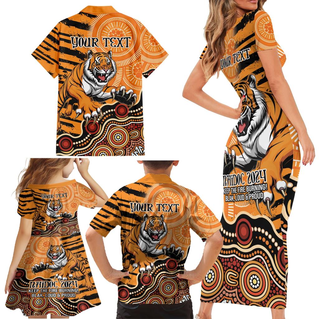 Personalised Wests Tigers NAIDOC Week 2024 Family Matching Short Sleeve Bodycon Dress and Hawaiian Shirt Aboriginal Fire Burning Sparks