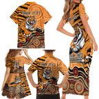 Personalised Wests Tigers NAIDOC Week 2024 Family Matching Short Sleeve Bodycon Dress and Hawaiian Shirt Aboriginal Fire Burning Sparks