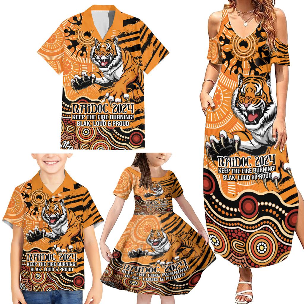 Personalised Wests Tigers NAIDOC Week 2024 Family Matching Summer Maxi Dress and Hawaiian Shirt Aboriginal Fire Burning Sparks