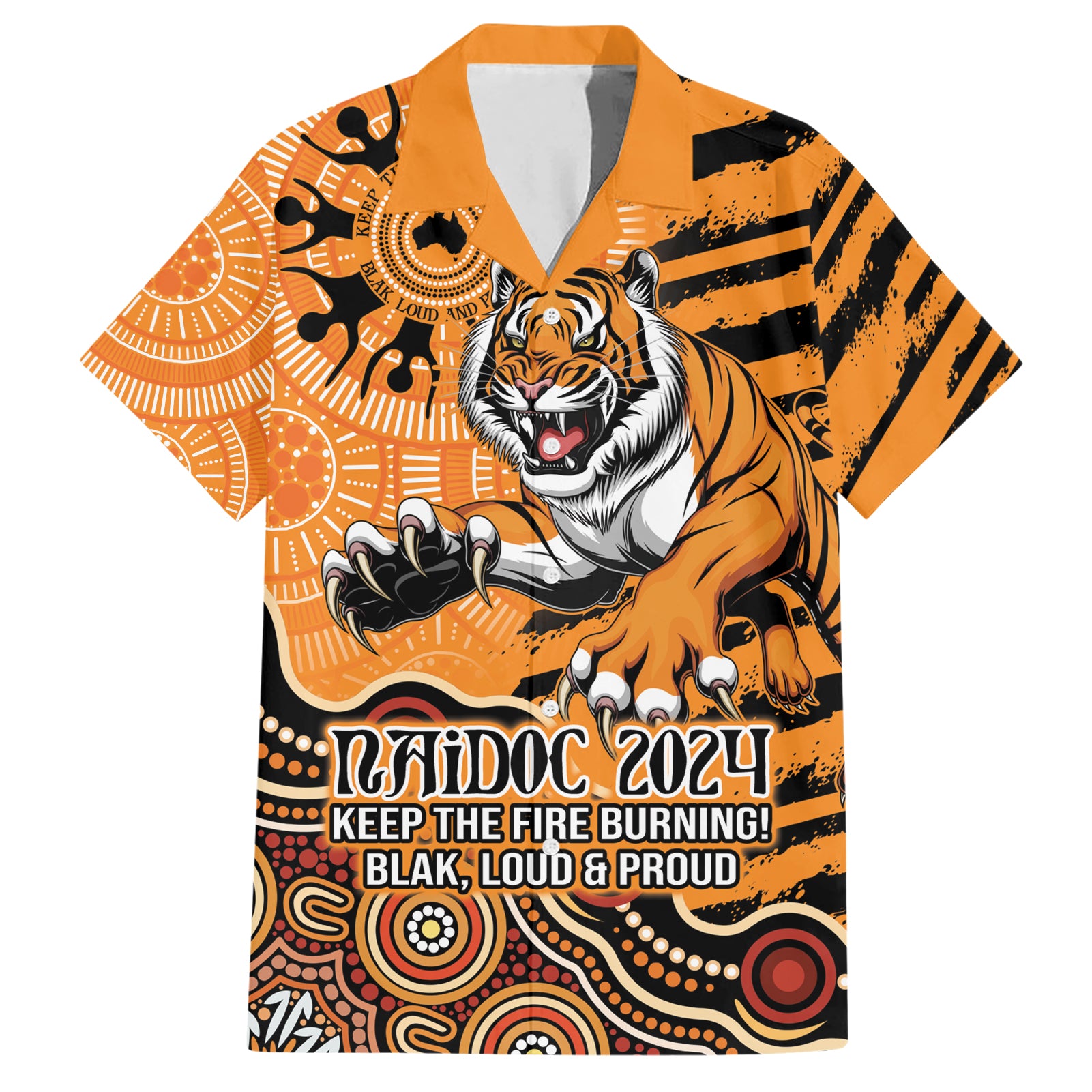 Personalised Wests Tigers NAIDOC Week 2024 Hawaiian Shirt Aboriginal Fire Burning Sparks