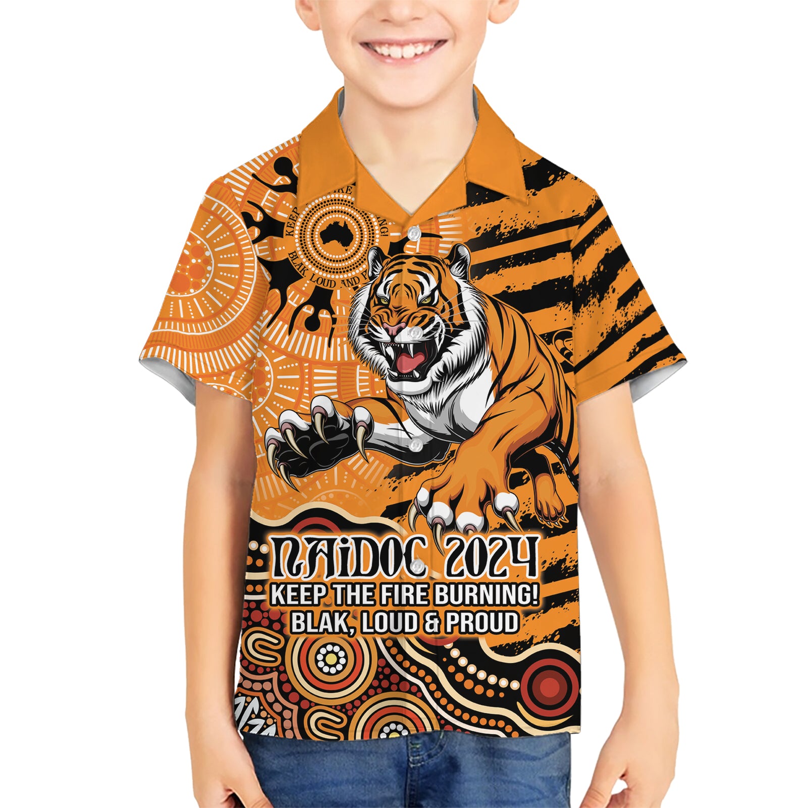 Personalised Wests Tigers NAIDOC Week 2024 Hawaiian Shirt Aboriginal Fire Burning Sparks