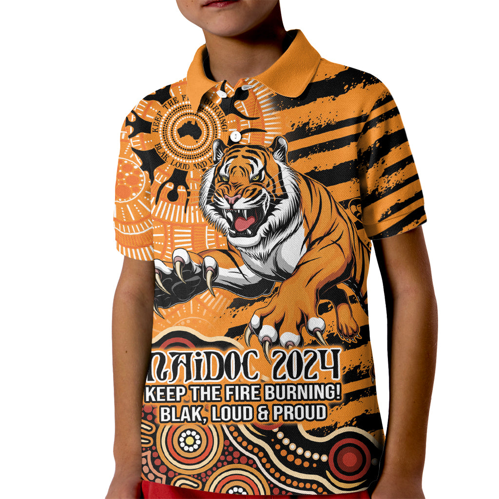 Personalised Wests Tigers NAIDOC Week 2024 Kid Polo Shirt Aboriginal Fire Burning Sparks