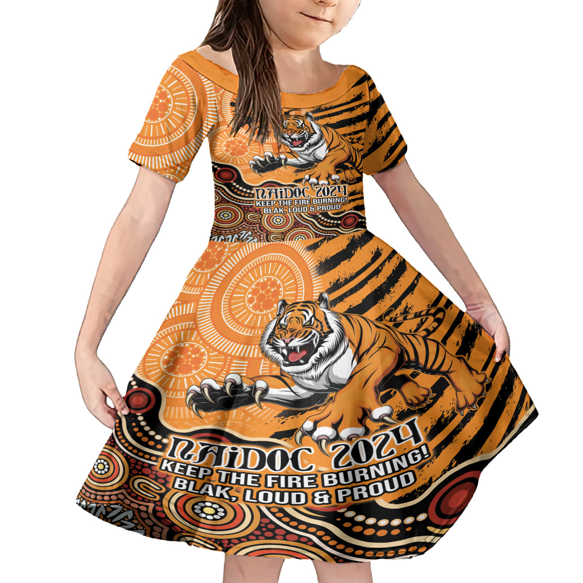 Personalised Wests Tigers NAIDOC Week 2024 Kid Short Sleeve Dress Aboriginal Fire Burning Sparks
