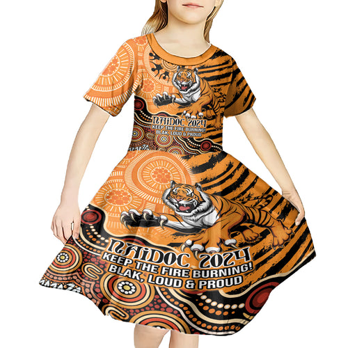 Personalised Wests Tigers NAIDOC Week 2024 Kid Short Sleeve Dress Aboriginal Fire Burning Sparks