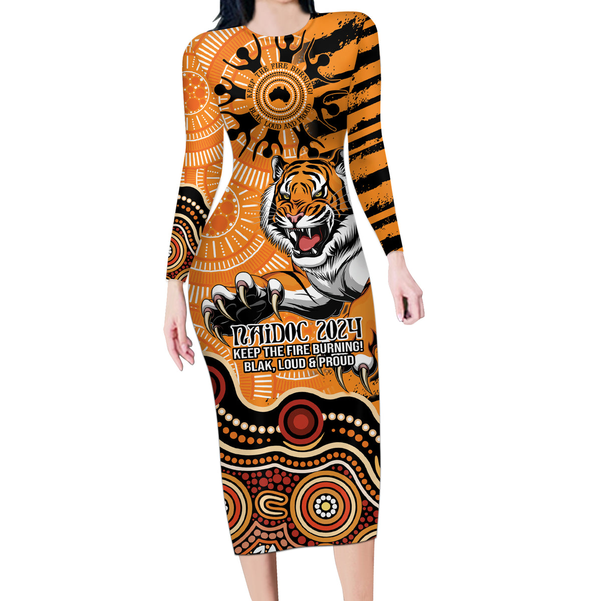 Personalised Wests Tigers NAIDOC Week 2024 Long Sleeve Bodycon Dress Aboriginal Fire Burning Sparks