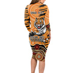Personalised Wests Tigers NAIDOC Week 2024 Long Sleeve Bodycon Dress Aboriginal Fire Burning Sparks