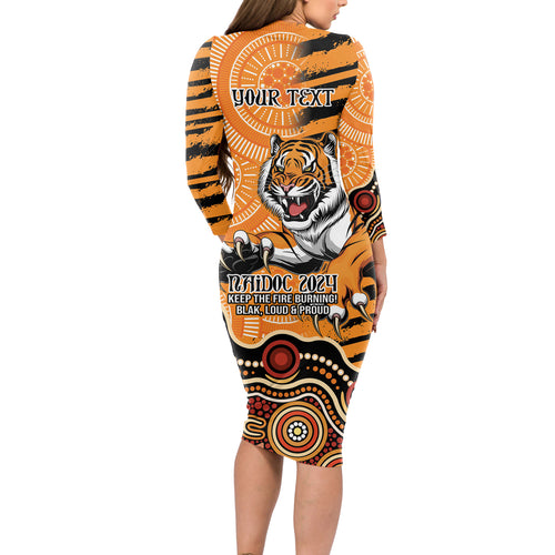 Personalised Wests Tigers NAIDOC Week 2024 Long Sleeve Bodycon Dress Aboriginal Fire Burning Sparks