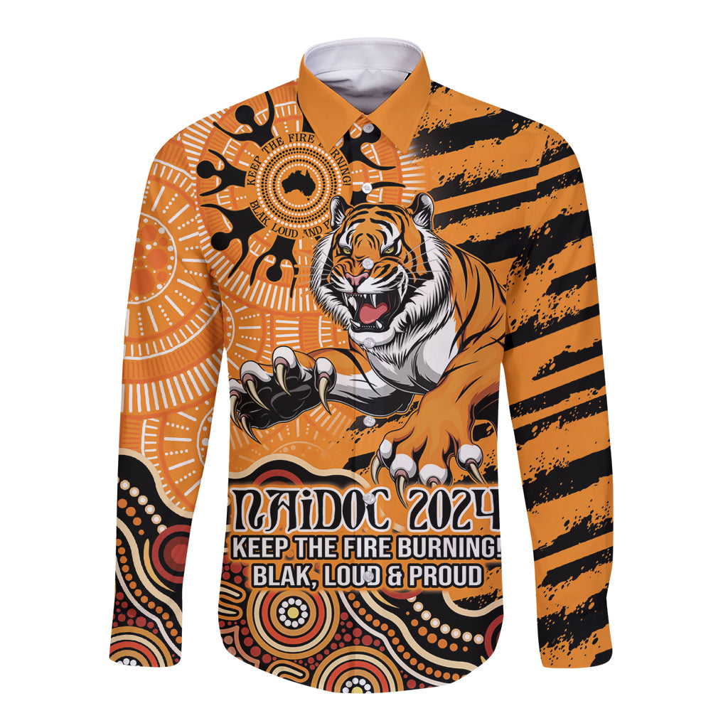 Personalised Wests Tigers NAIDOC Week 2024 Long Sleeve Button Shirt Aboriginal Fire Burning Sparks