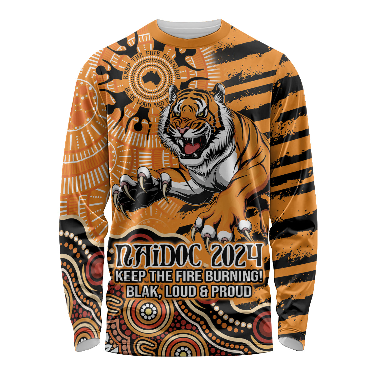 Personalised Wests Tigers NAIDOC Week 2024 Long Sleeve Shirt Aboriginal Fire Burning Sparks