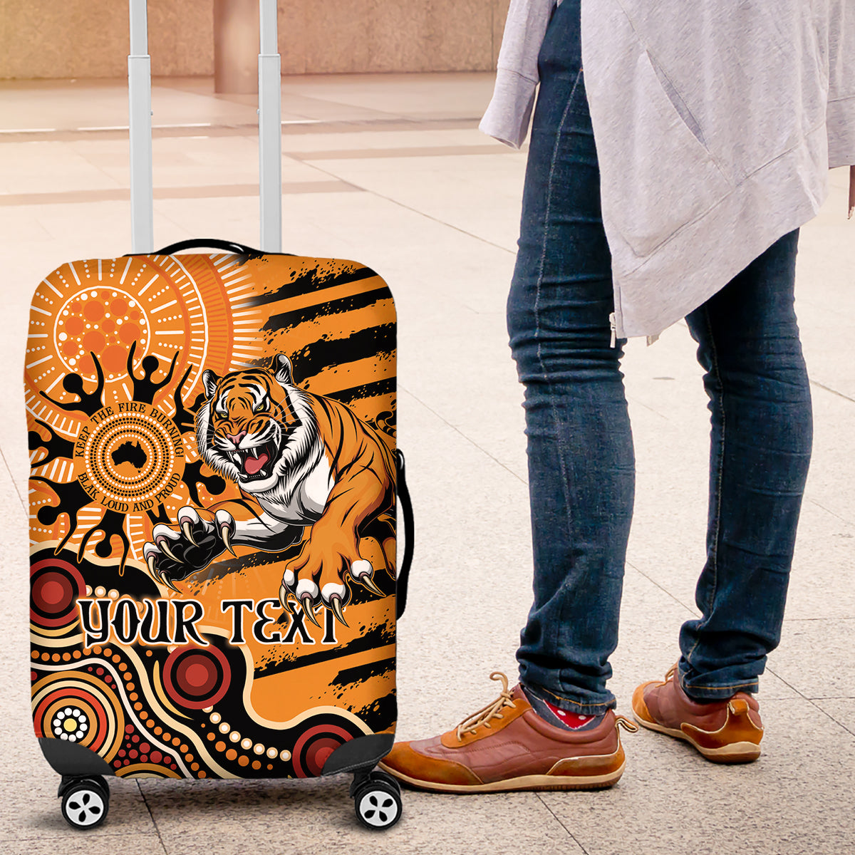 Personalised Wests Tigers NAIDOC Week 2024 Luggage Cover Aboriginal Fire Burning Sparks