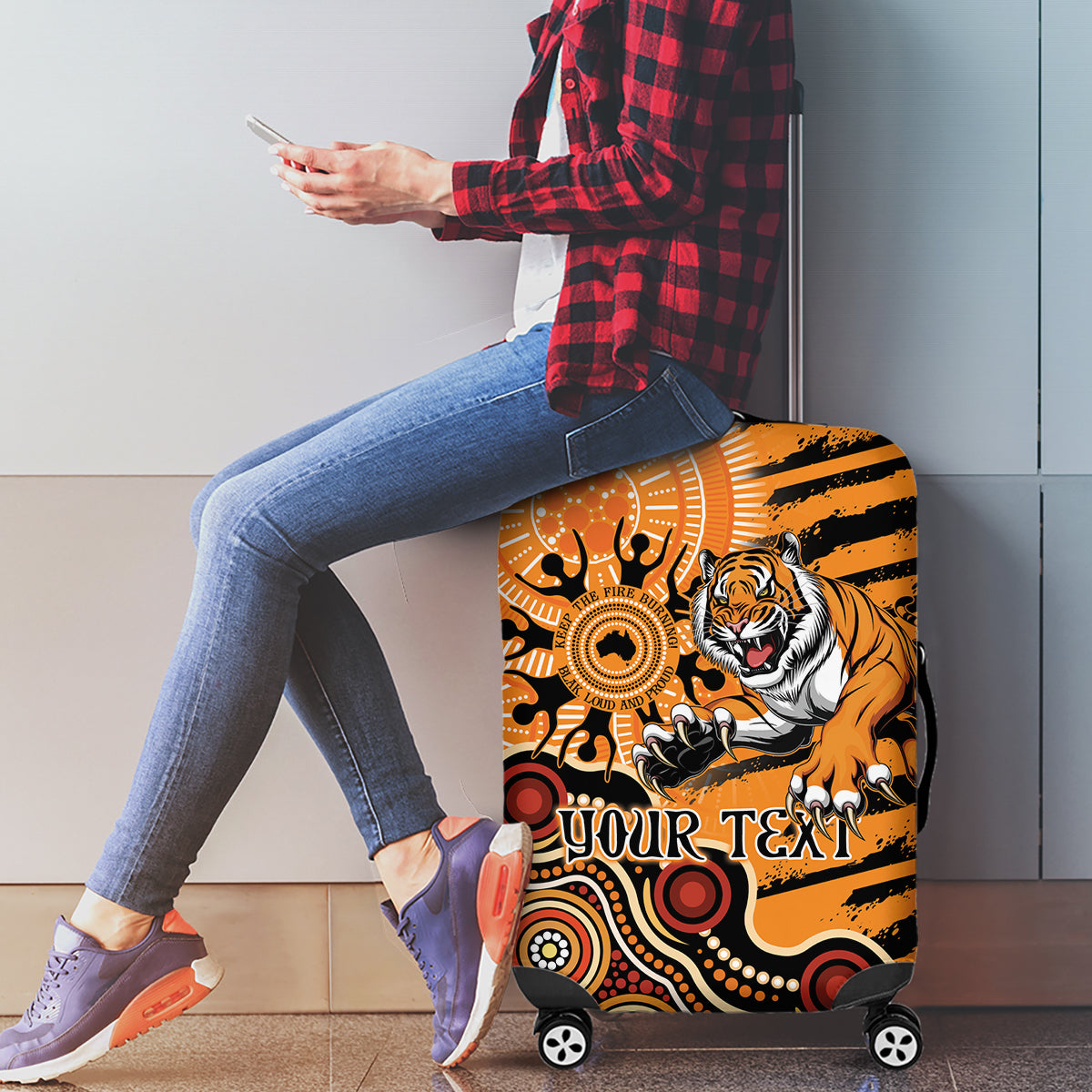 Personalised Wests Tigers NAIDOC Week 2024 Luggage Cover Aboriginal Fire Burning Sparks