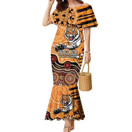 Personalised Wests Tigers NAIDOC Week 2024 Mermaid Dress Aboriginal Fire Burning Sparks