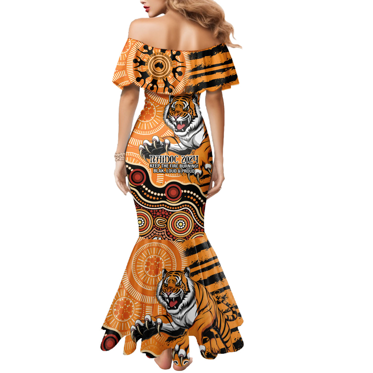Personalised Wests Tigers NAIDOC Week 2024 Mermaid Dress Aboriginal Fire Burning Sparks