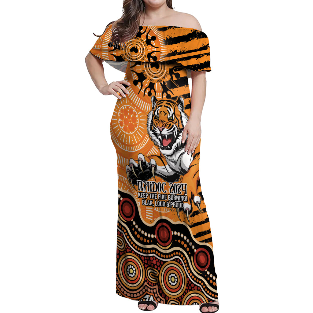 Personalised Wests Tigers NAIDOC Week 2024 Off Shoulder Maxi Dress Aboriginal Fire Burning Sparks