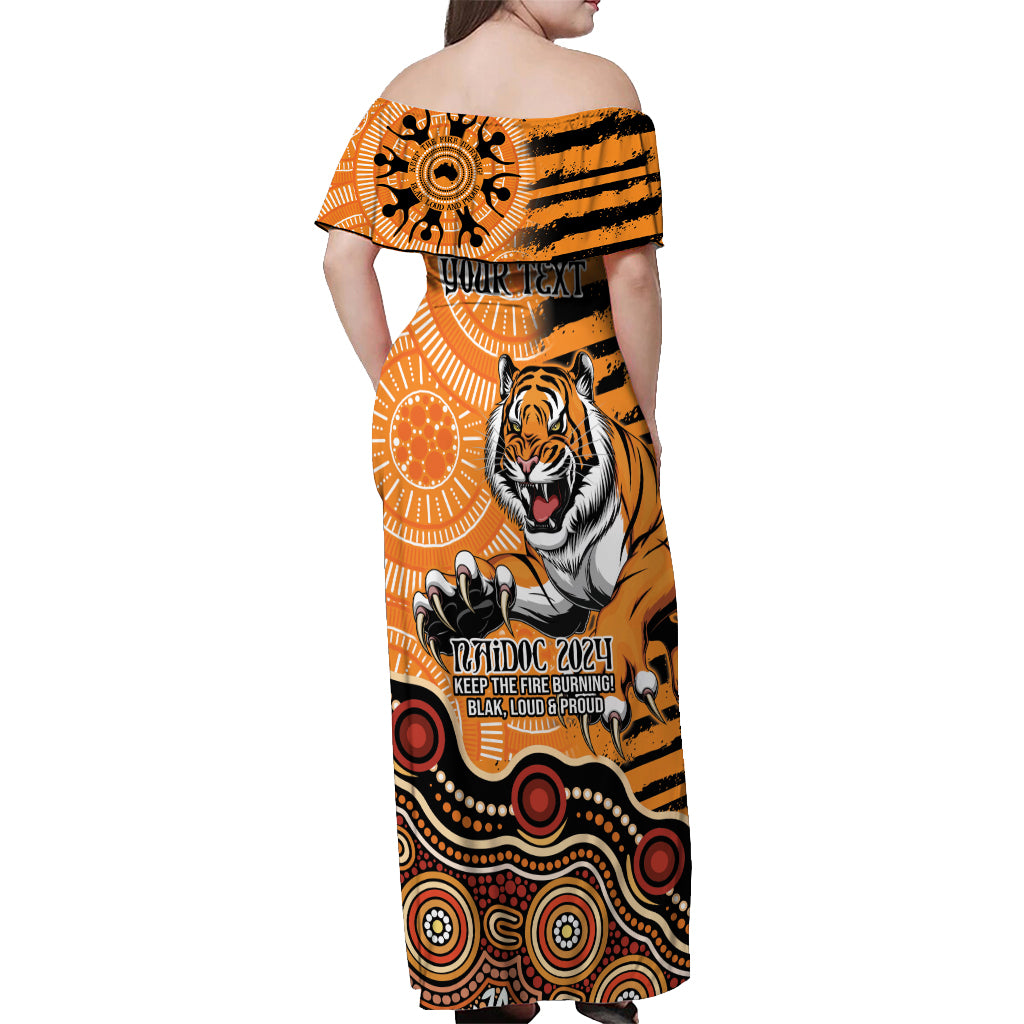 Personalised Wests Tigers NAIDOC Week 2024 Off Shoulder Maxi Dress Aboriginal Fire Burning Sparks