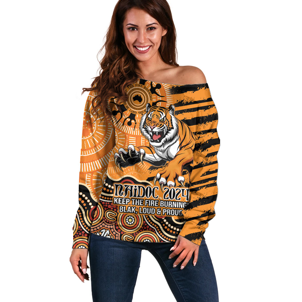 Personalised Wests Tigers NAIDOC Week 2024 Off Shoulder Sweater Aboriginal Fire Burning Sparks
