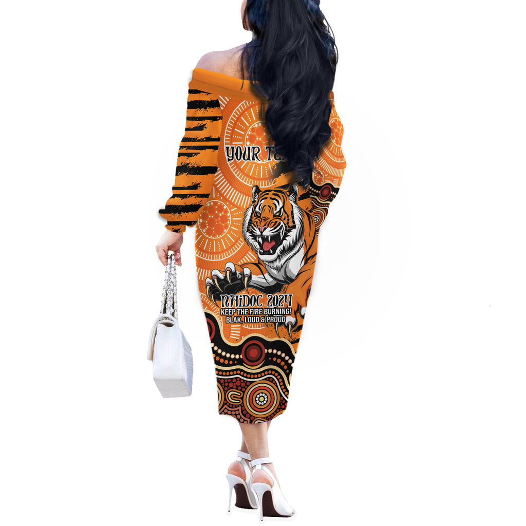 Personalised Wests Tigers NAIDOC Week 2024 Off The Shoulder Long Sleeve Dress Aboriginal Fire Burning Sparks