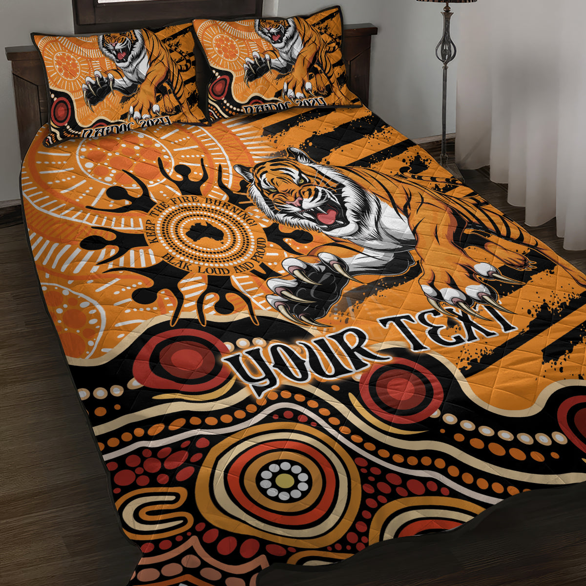 Personalised Wests Tigers NAIDOC Week 2024 Quilt Bed Set Aboriginal Fire Burning Sparks