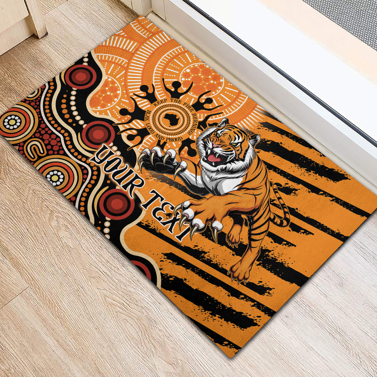 Personalised Wests Tigers NAIDOC Week 2024 Rubber Doormat Aboriginal Fire Burning Sparks