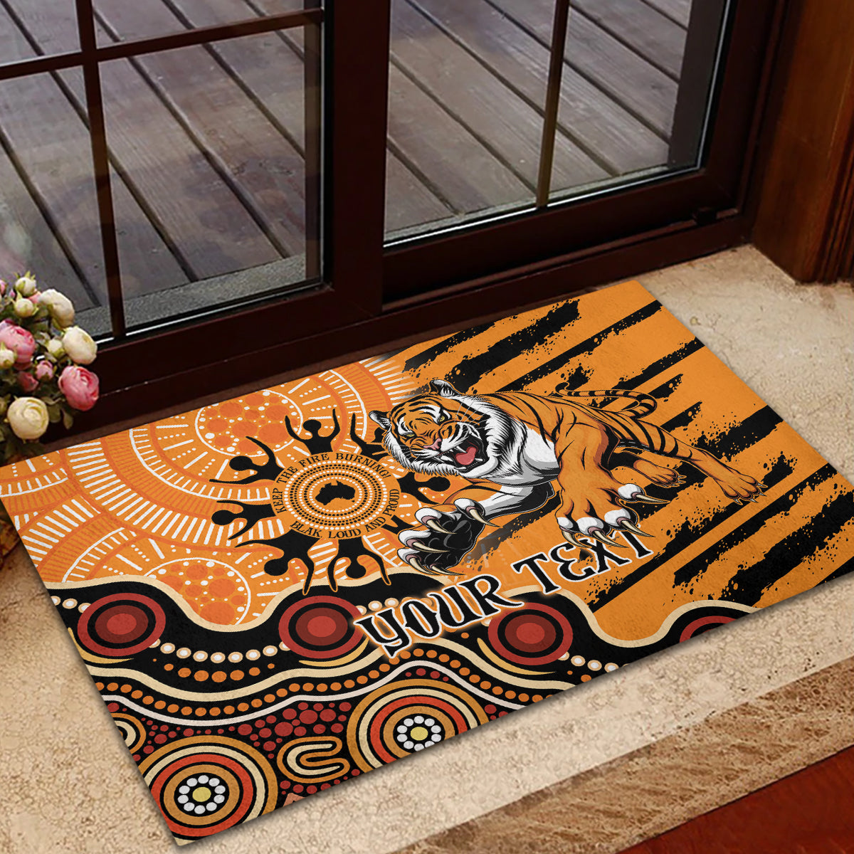 Personalised Wests Tigers NAIDOC Week 2024 Rubber Doormat Aboriginal Fire Burning Sparks