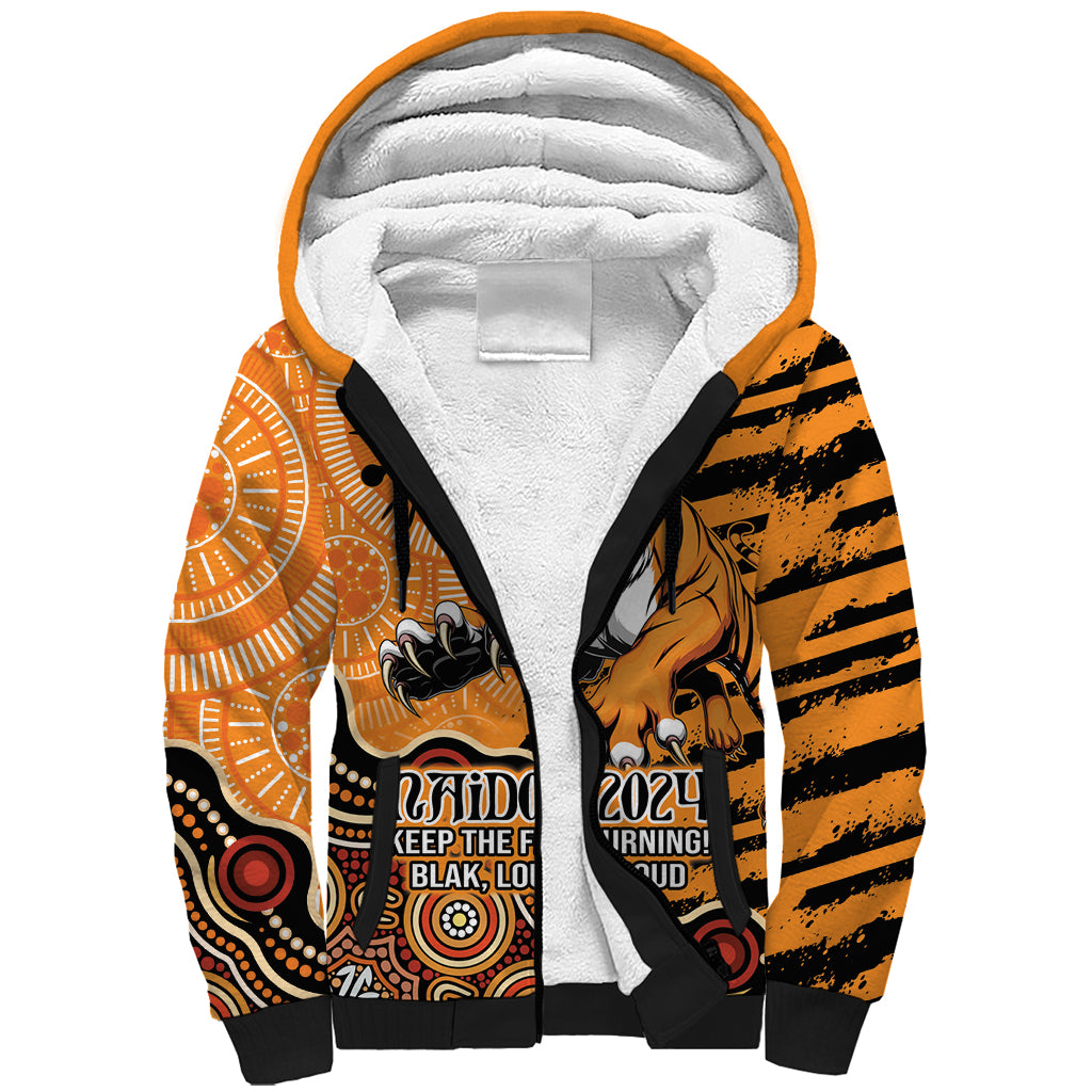 Personalised Wests Tigers NAIDOC Week 2024 Sherpa Hoodie Aboriginal Fire Burning Sparks