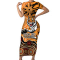 Personalised Wests Tigers NAIDOC Week 2024 Short Sleeve Bodycon Dress Aboriginal Fire Burning Sparks