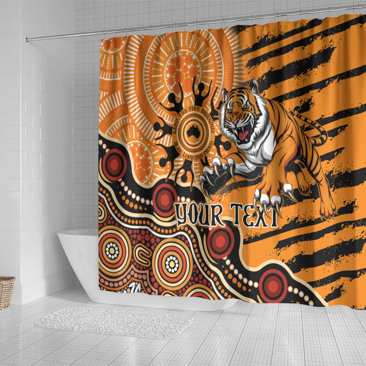 Personalised Wests Tigers NAIDOC Week 2024 Shower Curtain Aboriginal Fire Burning Sparks
