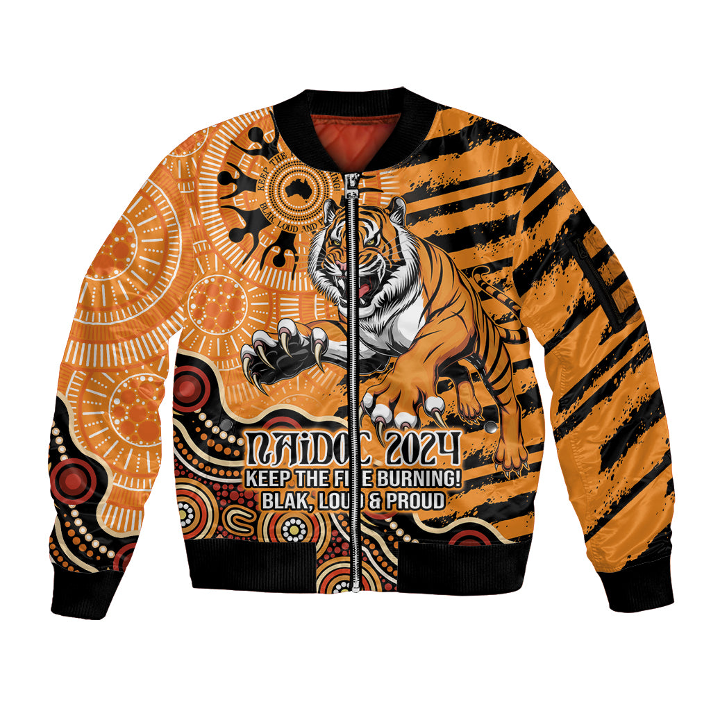 Personalised Wests Tigers NAIDOC Week 2024 Sleeve Zip Bomber Jacket Aboriginal Fire Burning Sparks