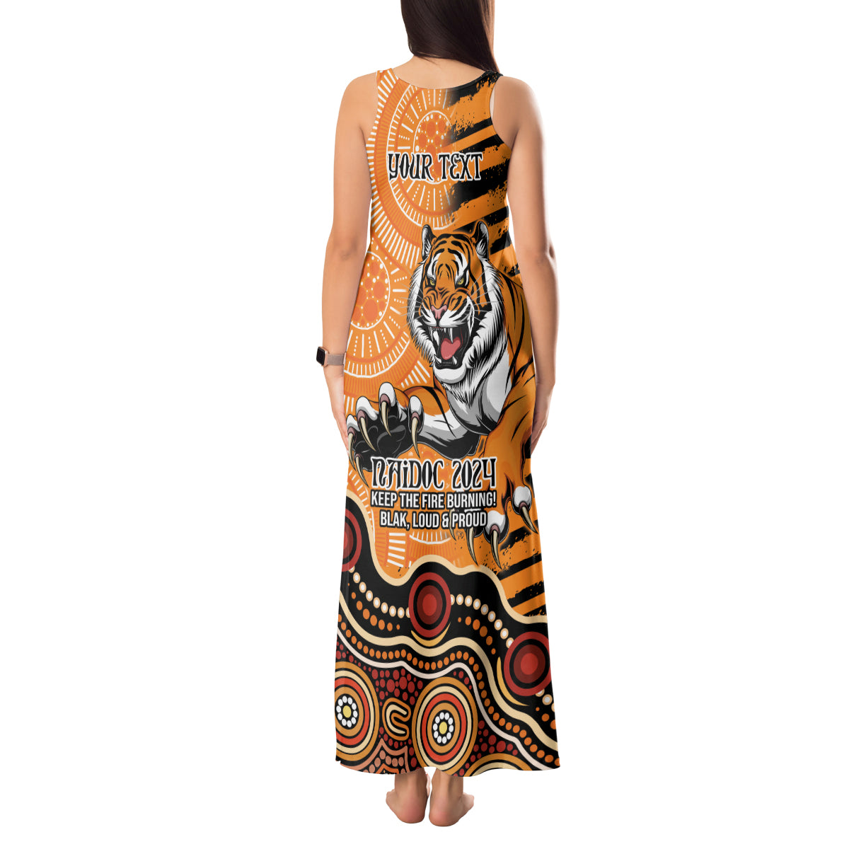 Personalised Wests Tigers NAIDOC Week 2024 Tank Maxi Dress Aboriginal Fire Burning Sparks