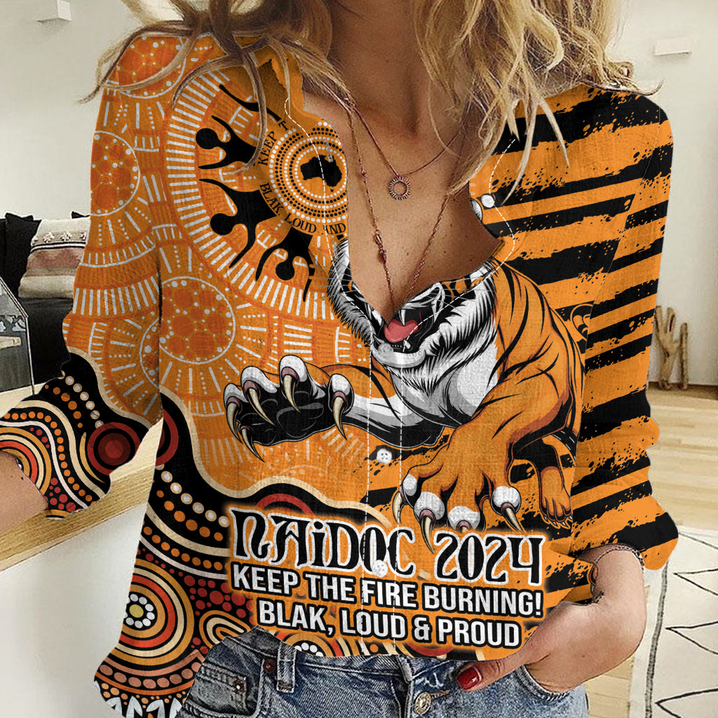 Personalised Wests Tigers NAIDOC Week 2024 Women Casual Shirt Aboriginal Fire Burning Sparks