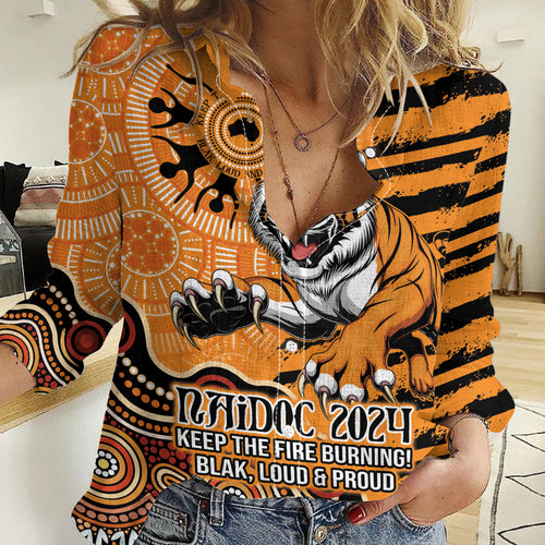 Personalised Wests Tigers NAIDOC Week 2024 Women Casual Shirt Aboriginal Fire Burning Sparks