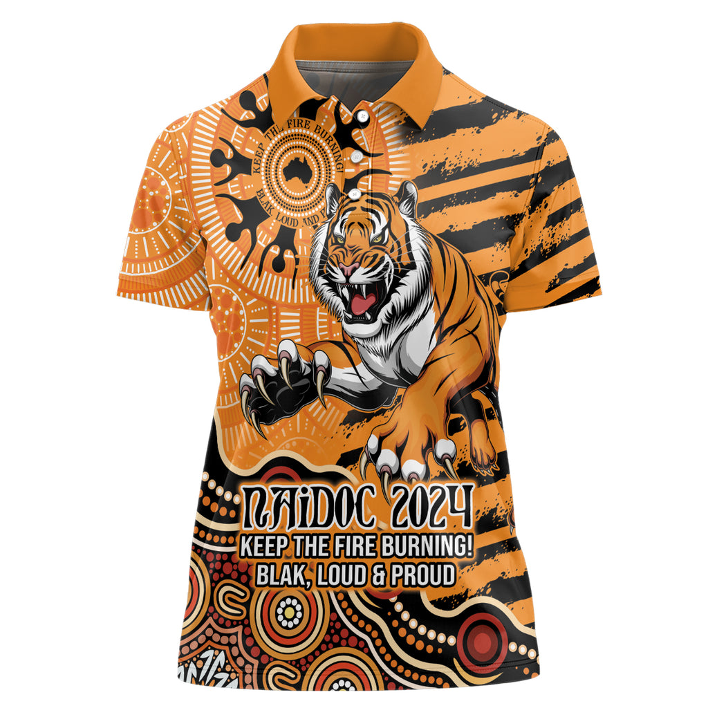 Personalised Wests Tigers NAIDOC Week 2024 Women Polo Shirt Aboriginal Fire Burning Sparks