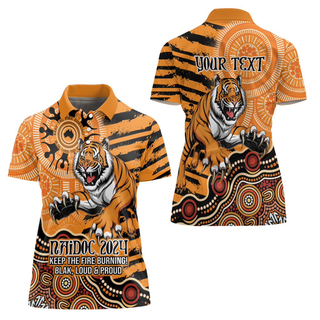 Personalised Wests Tigers NAIDOC Week 2024 Women Polo Shirt Aboriginal Fire Burning Sparks