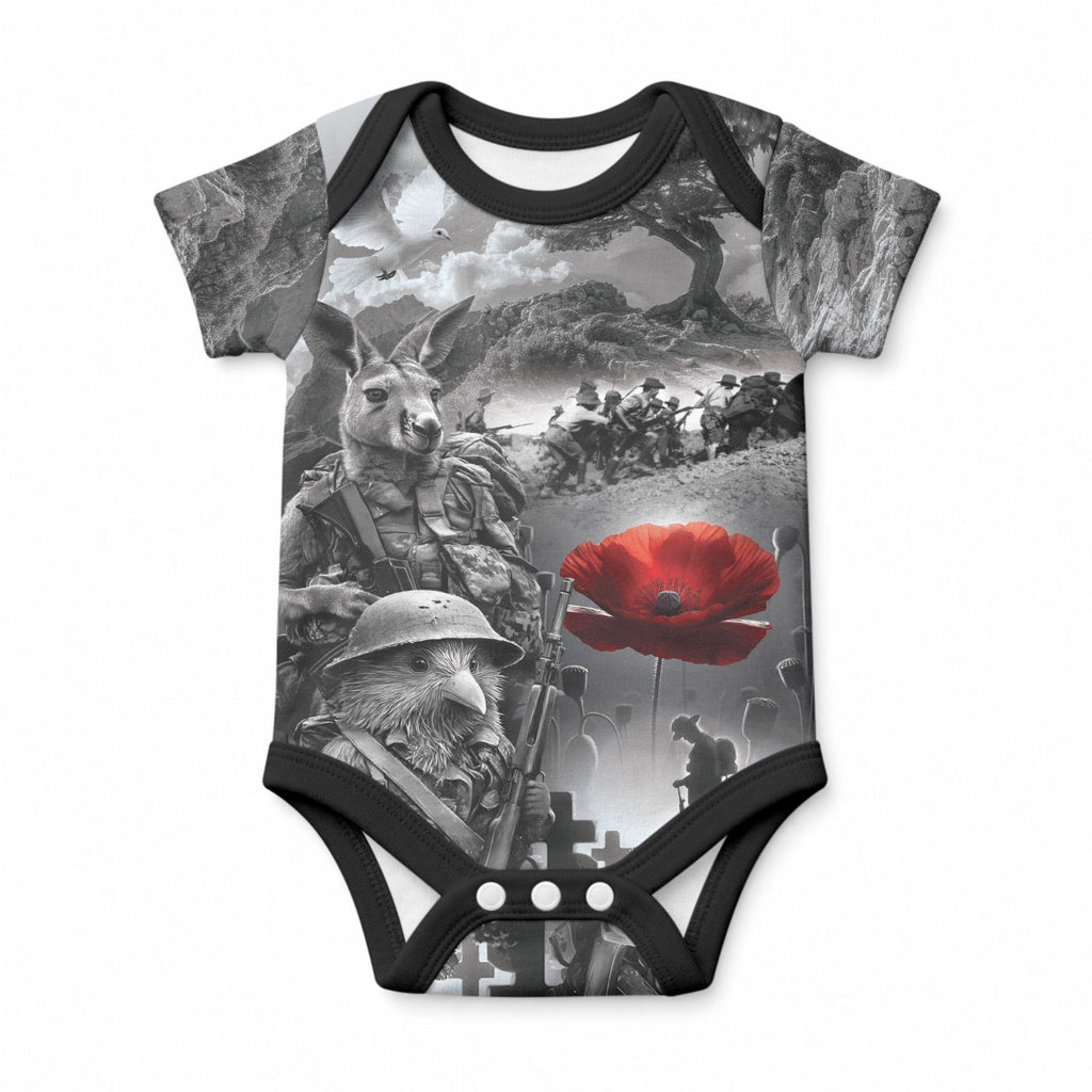 Black ANZAC Personalised The Battle of Lone Pine Baby Onesie Kiwi-Kangaroo Soldier Lest We Forget